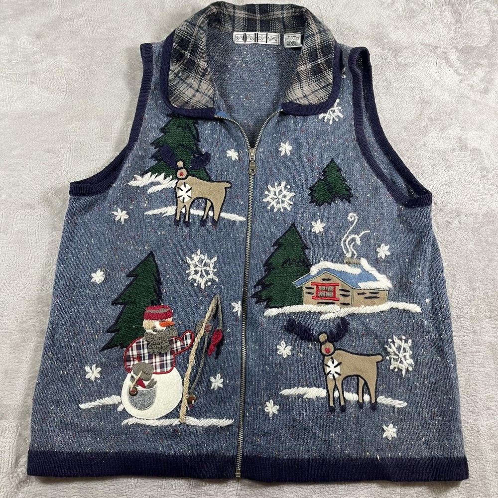 Women's Christmas Holiday Sweater Vest Blue Snowman Snowflake Grannycore VTG